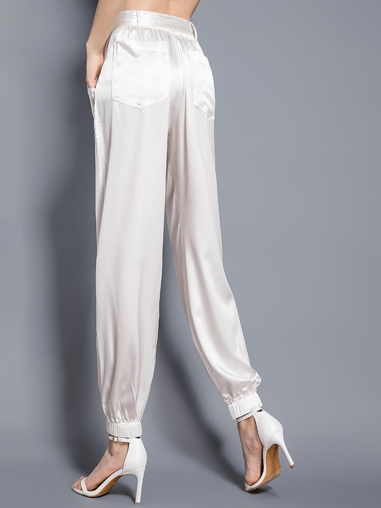 Womens Fashion Tie Waist Ankle Banded Cropped Silk Trousers