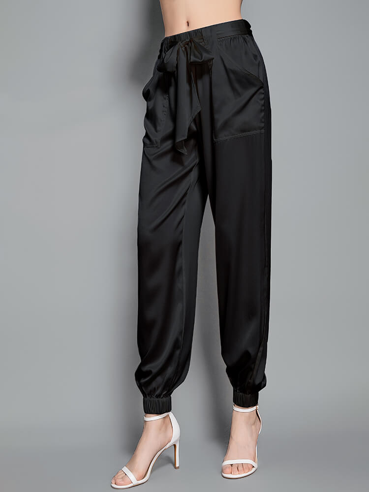 Womens Fashion Tie Waist Ankle Banded Cropped Silk Trousers