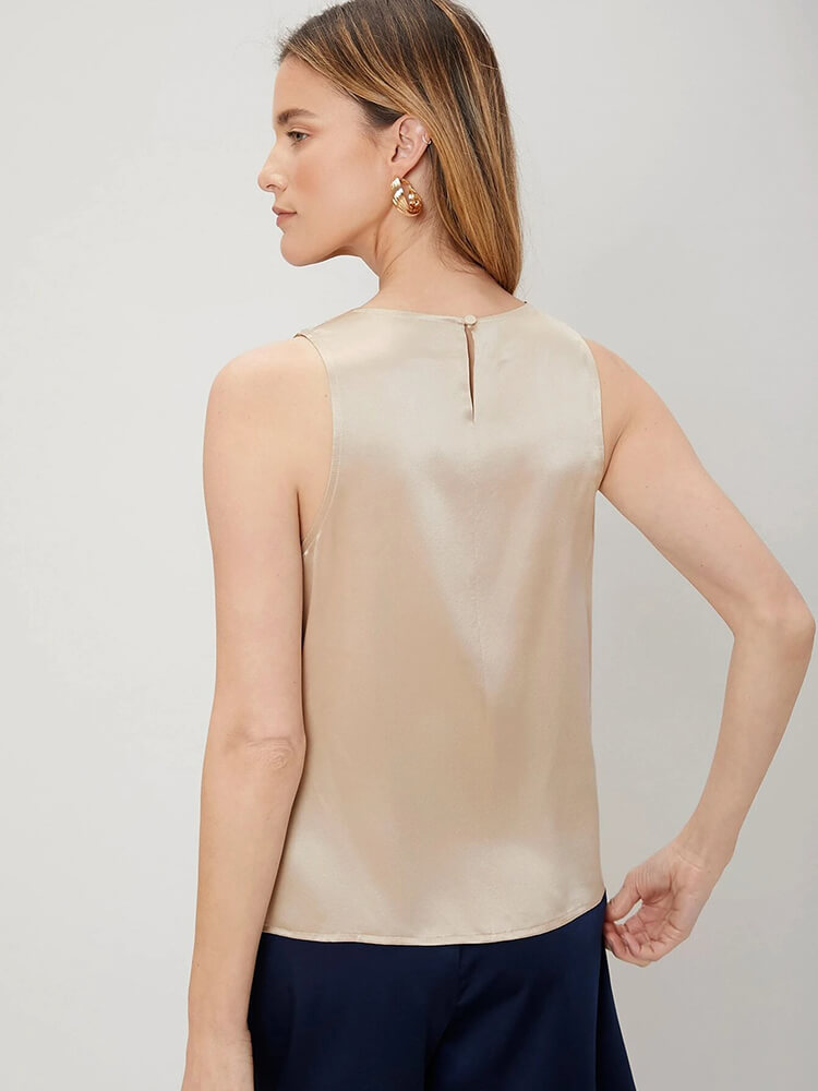 22 Momme Women Gracefull Drape Neck Champagne Silk Tank Top