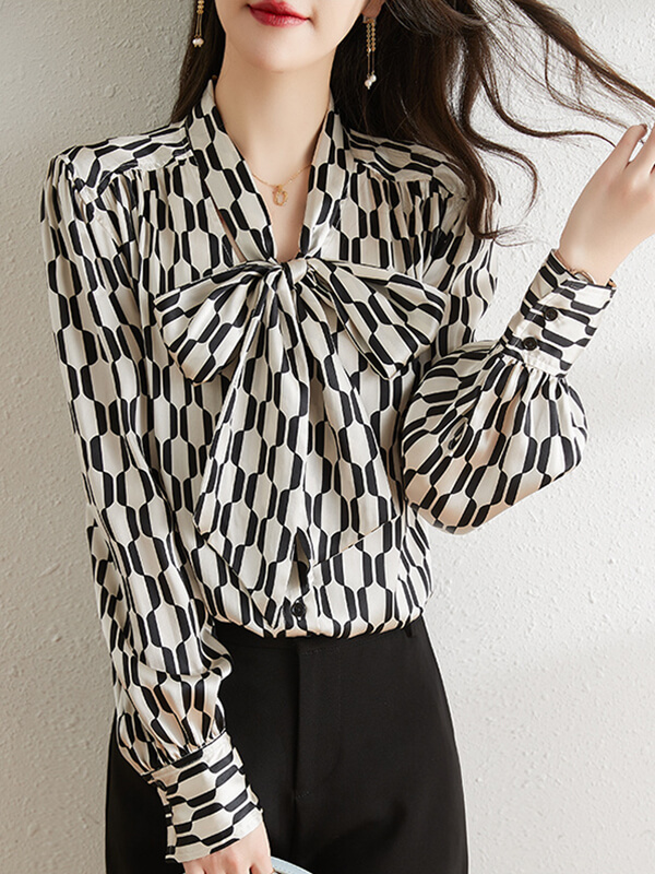 Elegant Black & White Geometric Bow Tie Long Sleeve Silk Blouse