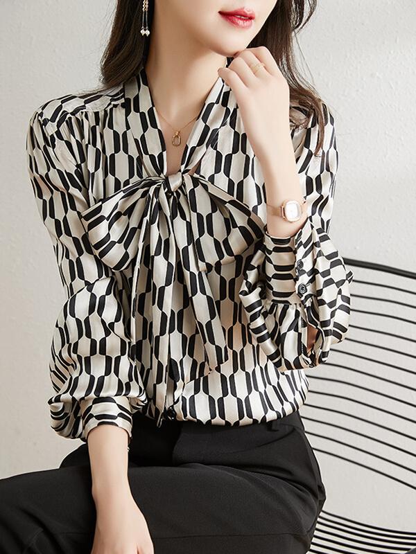 Elegant Black & White Geometric Bow Tie Long Sleeve Silk Blouse
