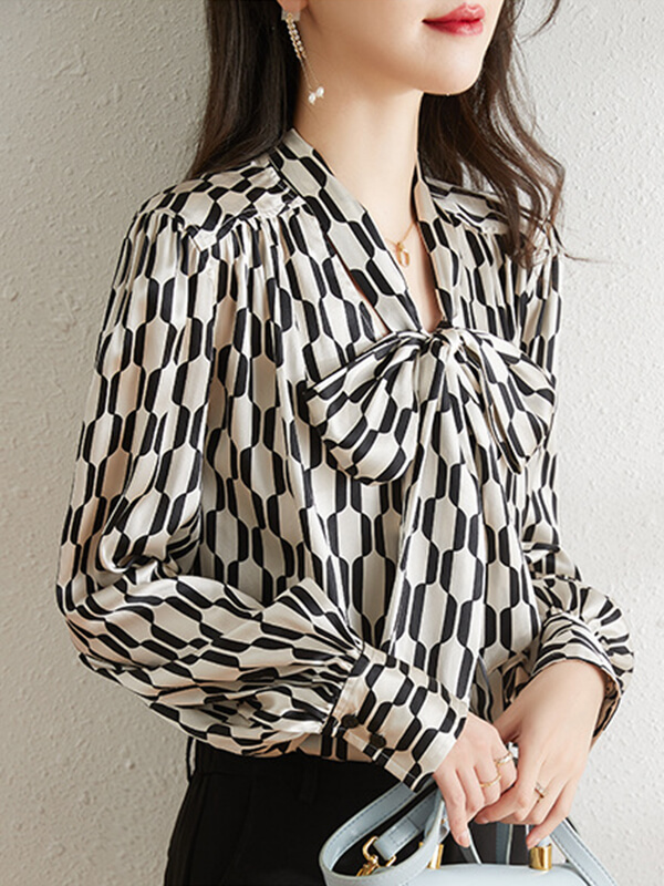 Elegant Black & White Geometric Bow Tie Long Sleeve Silk Blouse