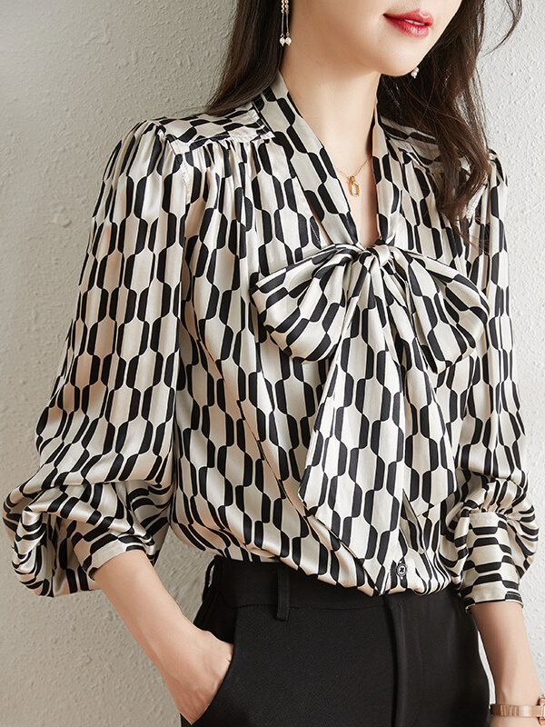 Elegant Black & White Geometric Bow Tie Long Sleeve Silk Blouse