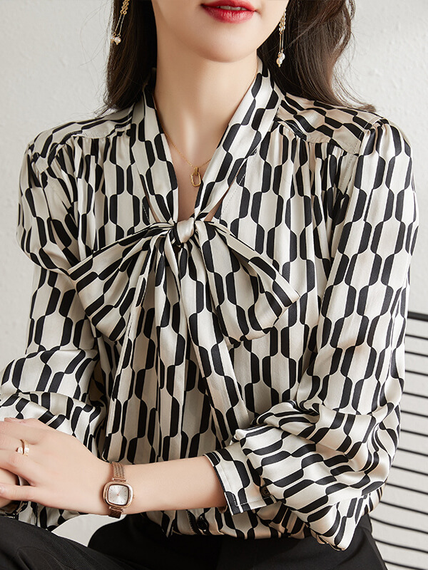 Elegant Black & White Geometric Bow Tie Long Sleeve Silk Blouse