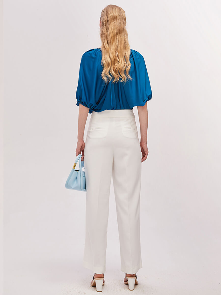 Elegant V-Neck Silk Blouse with Puff Sleeves