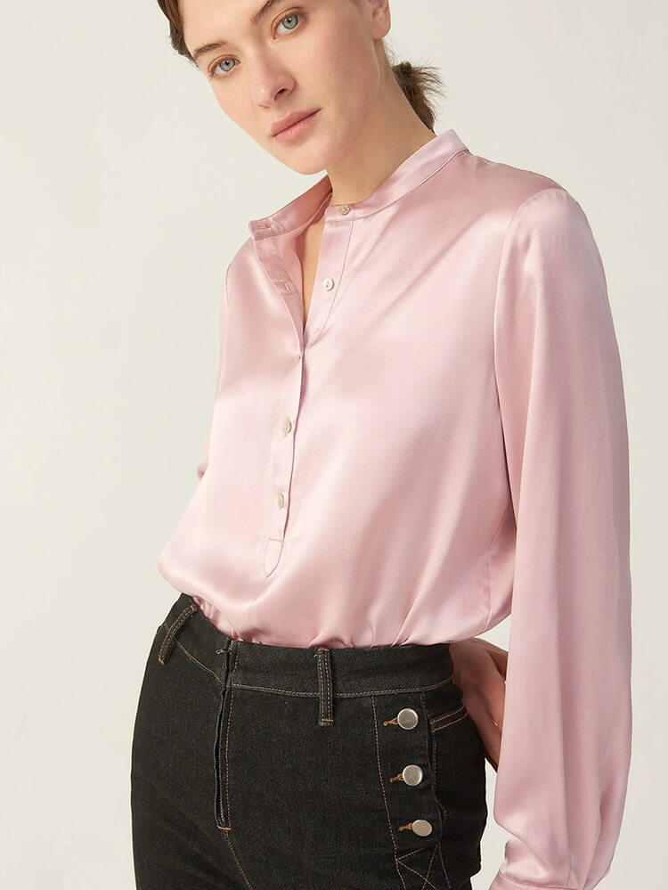 (image for) 22 Momme Stand Collar Pullover Long Sleeve Silk Blouse for Women