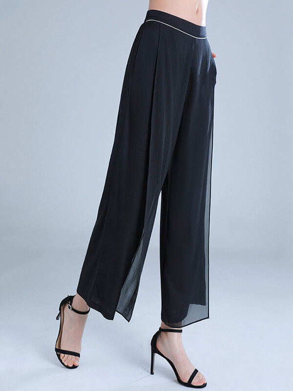 Black Summer Lightweight Silk Wide Leg Pants for Women