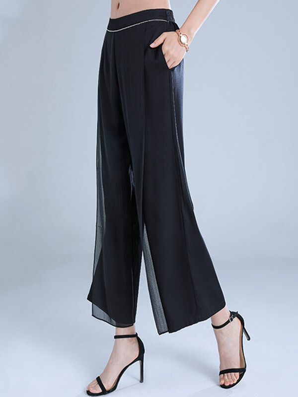 Black Summer Lightweight Silk Wide Leg Pants for Women