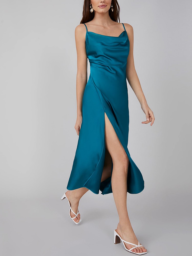 22 Momme Sexy Cowl Neck Silk Midi Dress With Side Slit