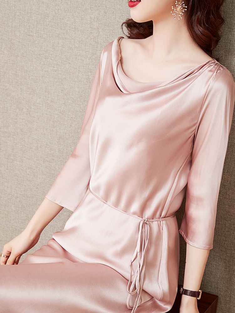 22 Momme Cowl Neck Long Silk Dress with Sleeves