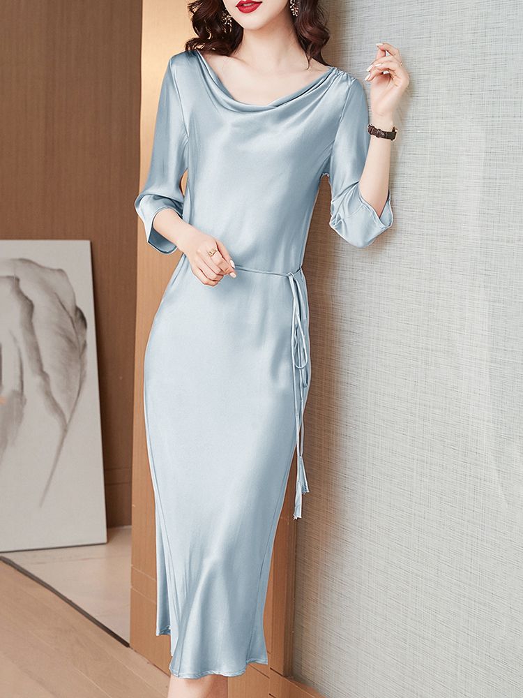 22 Momme Women Elegant Long Sleeve Silk Cowl Neck Long Dress