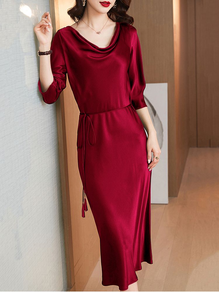 22 Momme Cowl Neck Long Silk Dress with Sleeves