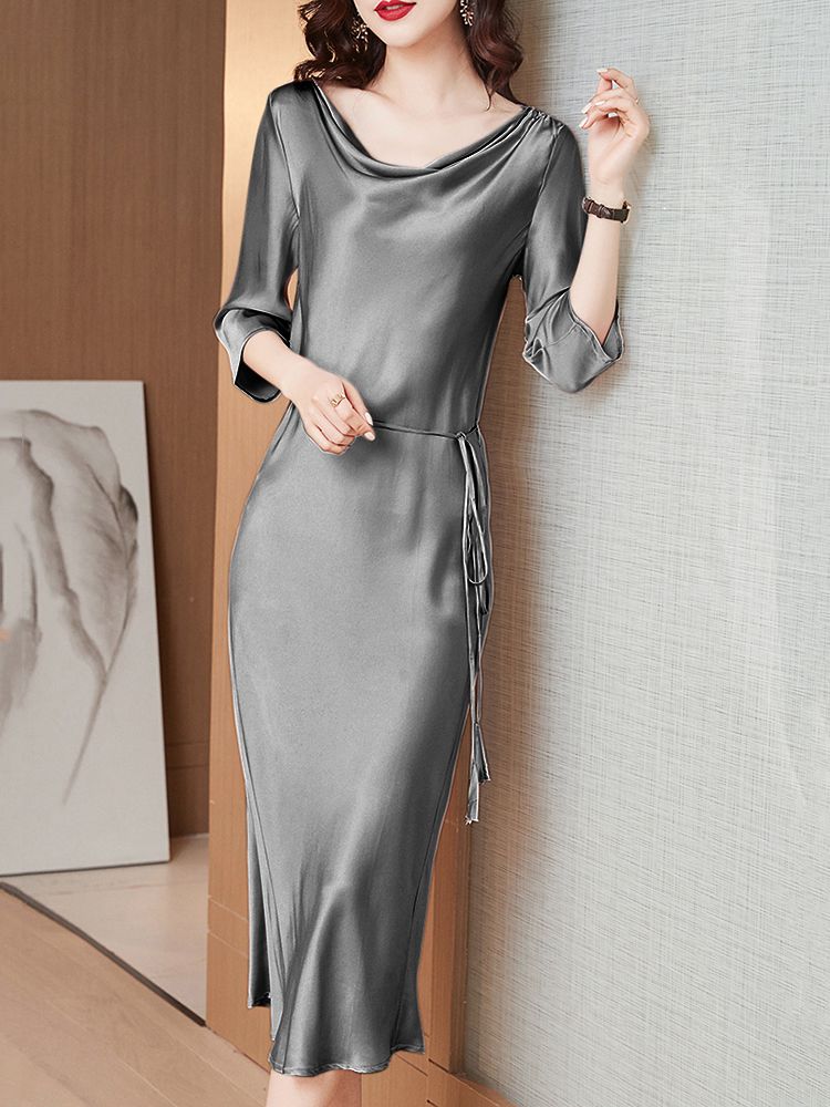 22 Momme Women Elegant Long Sleeve Silk Cowl Neck Long Dress