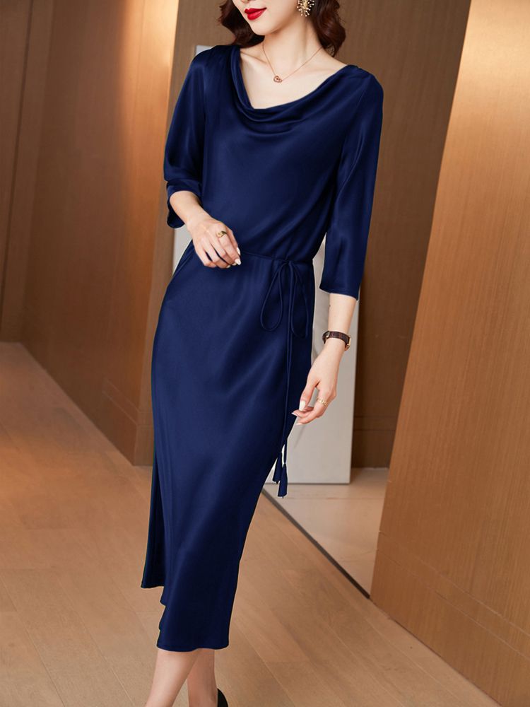 22 Momme Cowl Neck Long Silk Dress with Sleeves