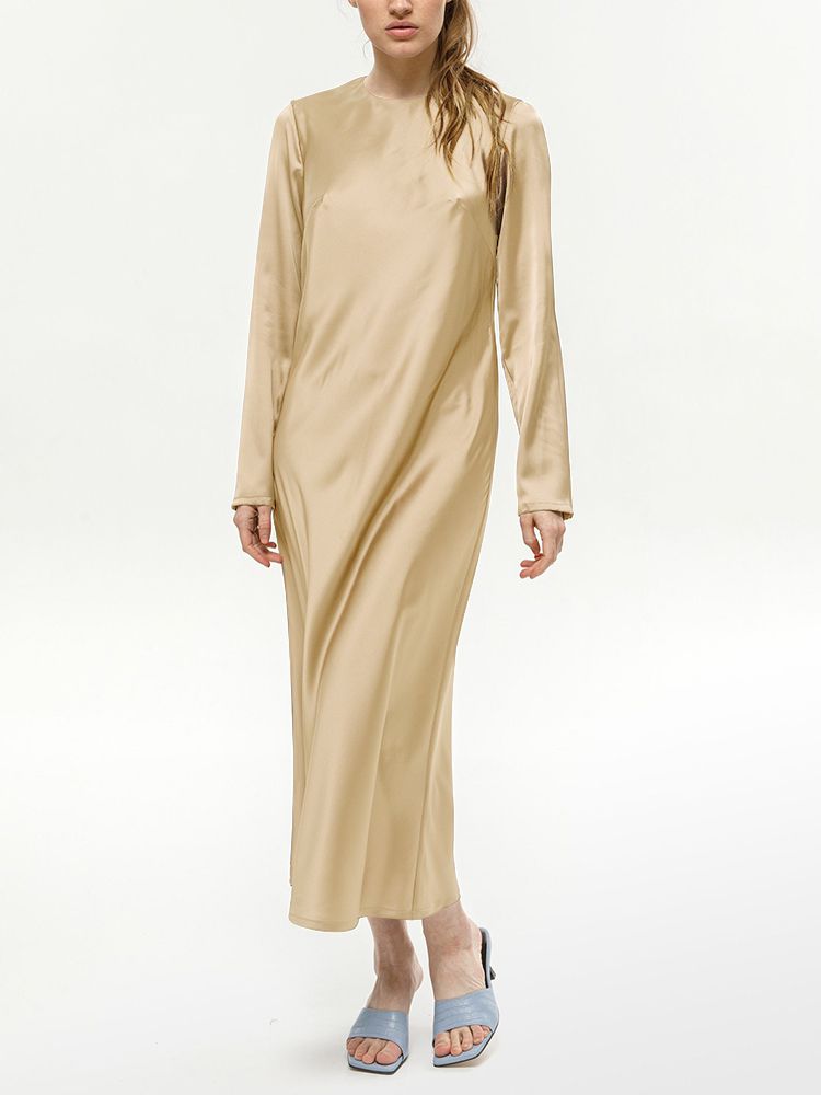 22 Momme Simple Long Sleeve Pure Mulberry Silk Midi Dress
