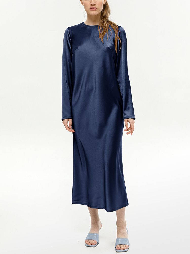 22 Momme Simple Long Sleeve Pure Mulberry Silk Midi Dress
