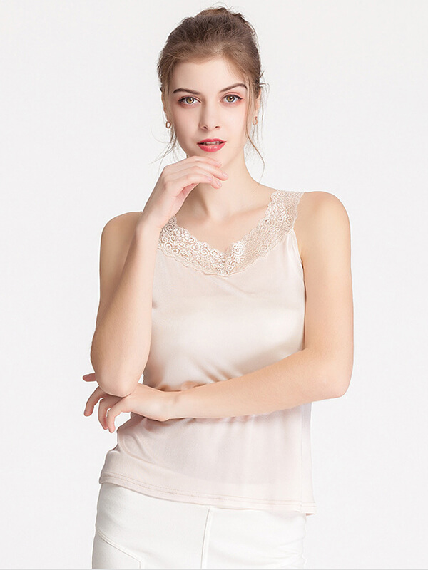 Women Sleeveless Silk Knitted Vest With Soft Lace Straps