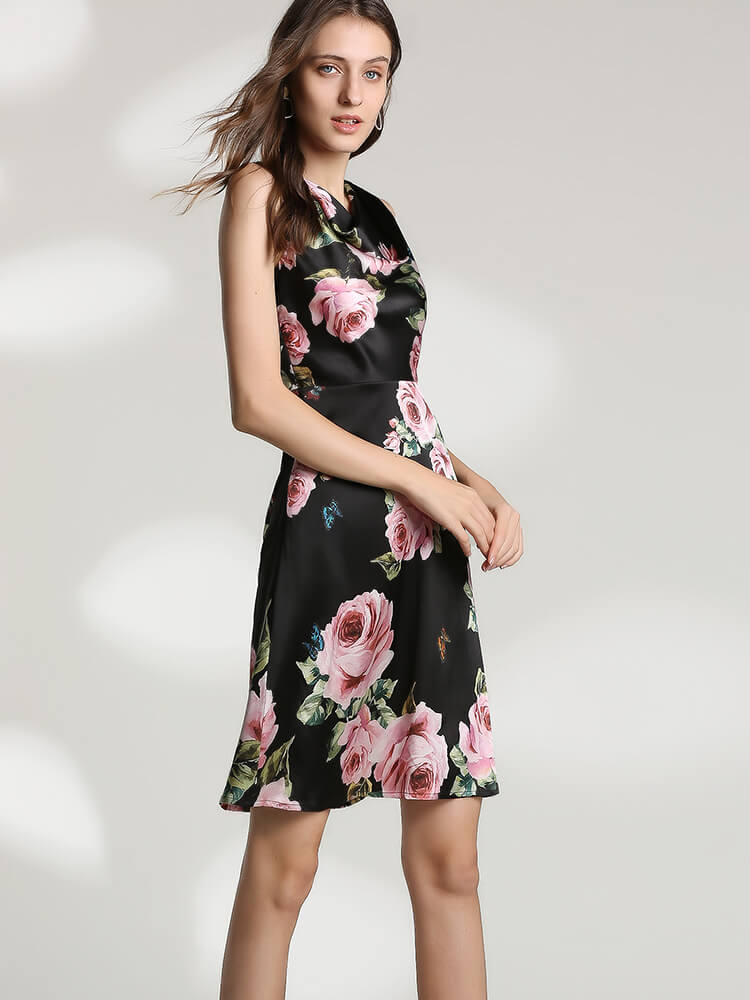 22 Momme Green Mock Neck Formal Silk Dress for Women