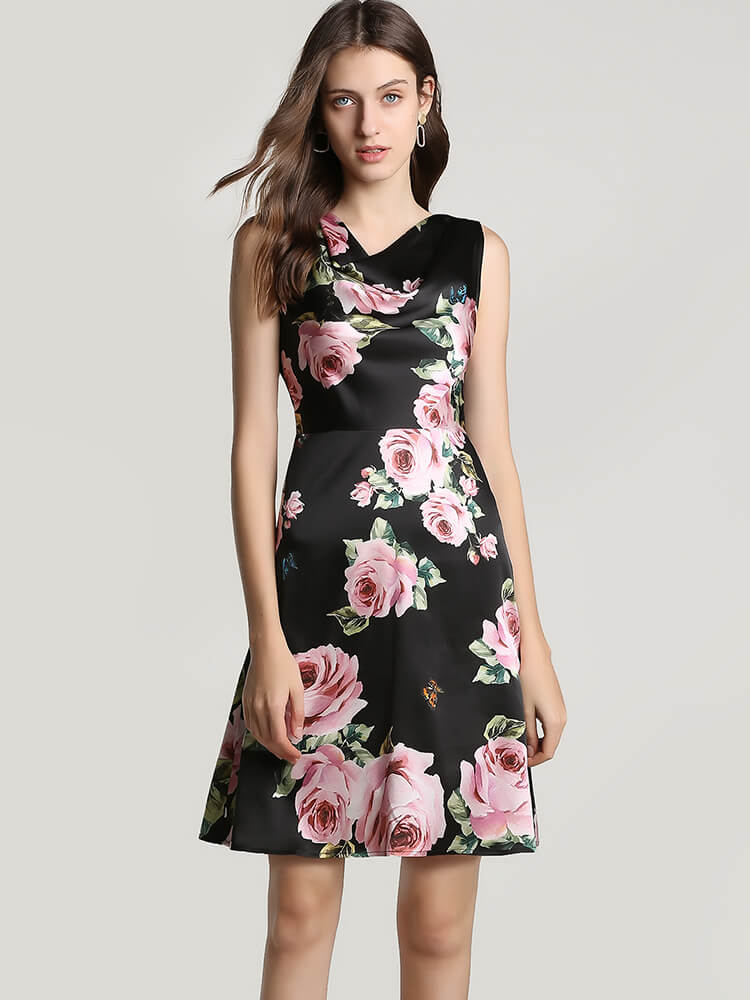22 Momme Green Mock Neck Formal Silk Dress for Women