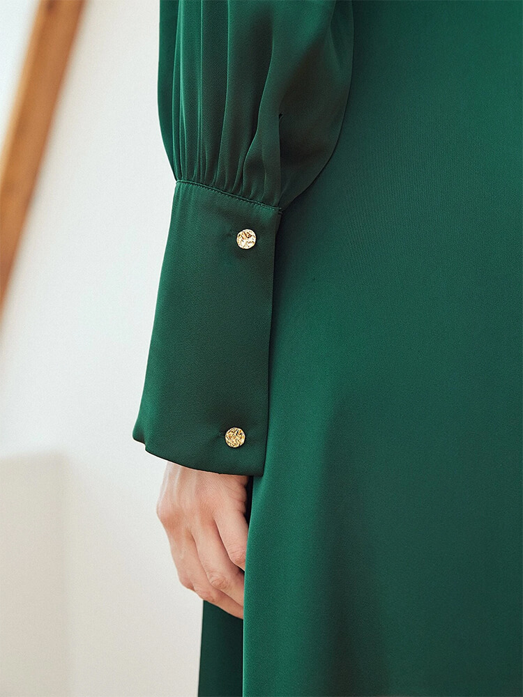 22 Momme Green Mock Neck Formal Silk Dress for Women