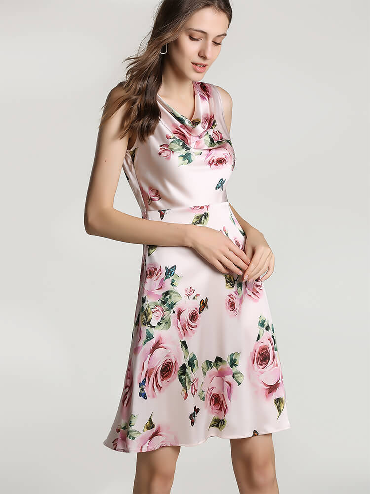 22 Momme Green Mock Neck Formal Silk Dress for Women