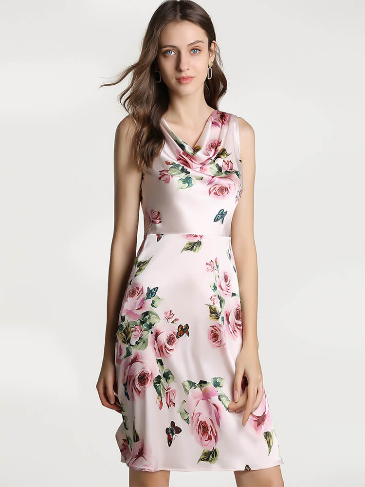22 Momme Green Mock Neck Formal Silk Dress for Women