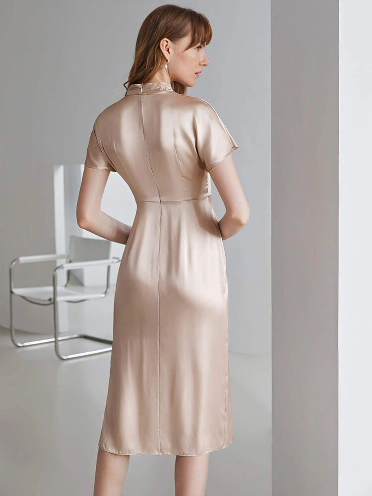 22 Momme Short Sleeve High Waist Mock Neck Silk Draped Dress
