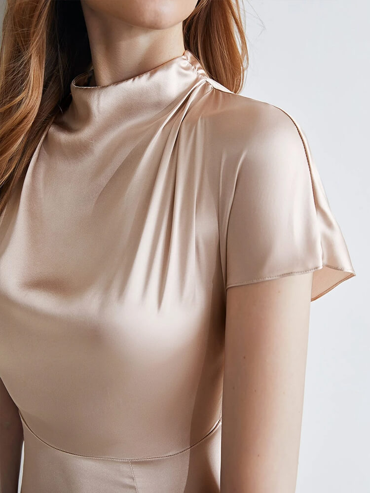 22 Momme Short Sleeve High Waist Mock Neck Silk Draped Dress