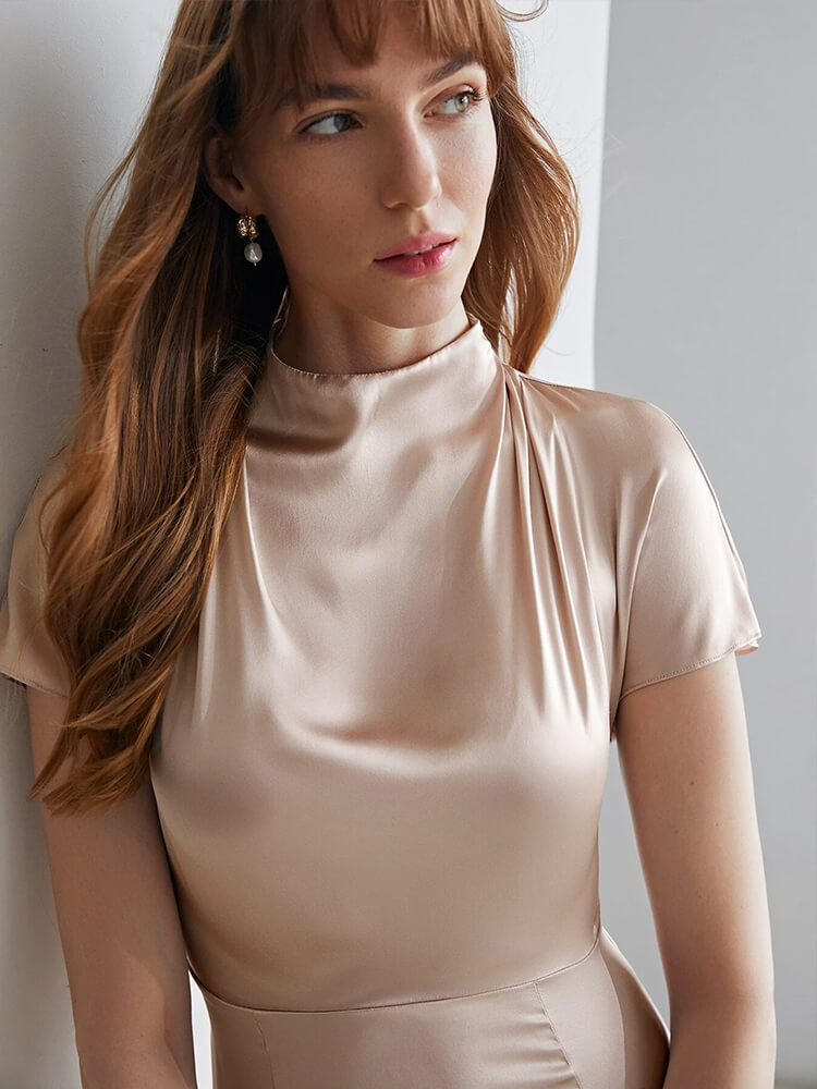 22 Momme Short Sleeve High Waist Mock Neck Silk Draped Dress