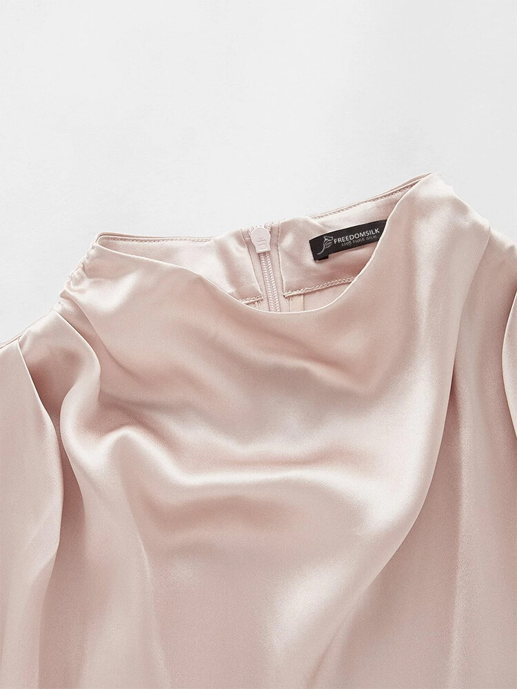 22 Momme Short Sleeve High Waist Mock Neck Silk Draped Dress
