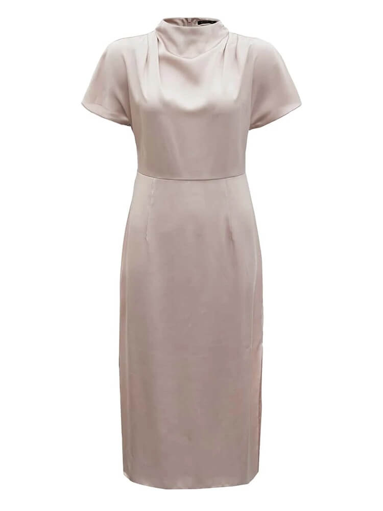 22 Momme Short Sleeve High Waist Mock Neck Silk Draped Dress