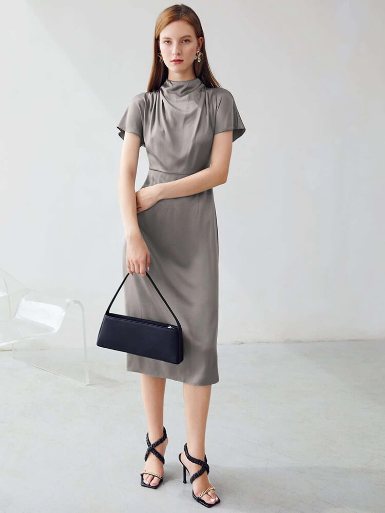 22 Momme Short Sleeve High Waist Mock Neck Silk Draped Dress