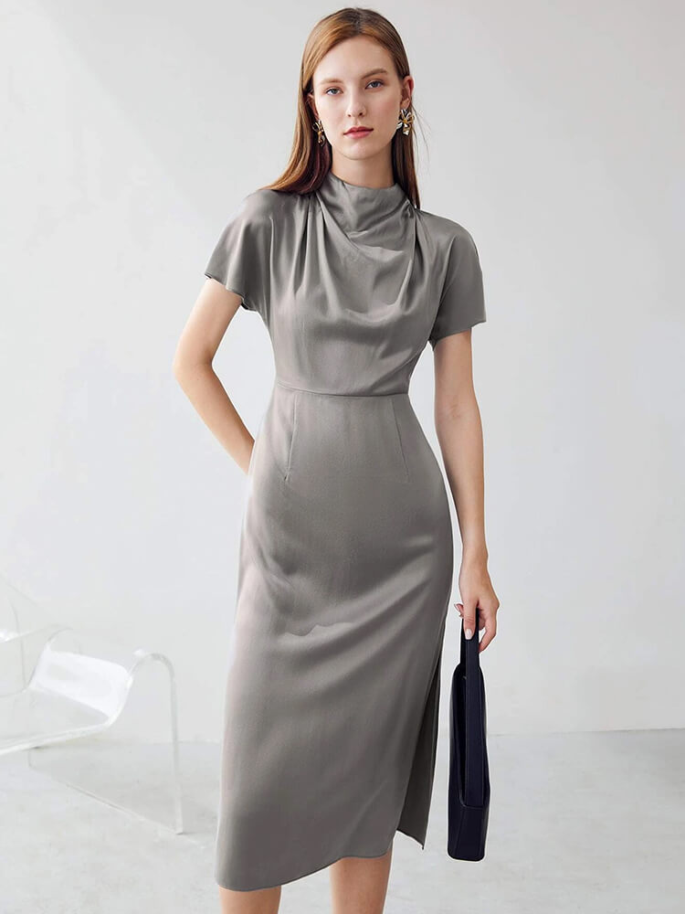22 Momme Short Sleeve High Waist Mock Neck Silk Draped Dress