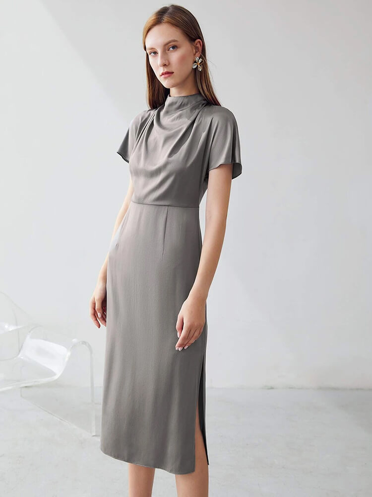 22 Momme Short Sleeve High Waist Mock Neck Silk Draped Dress
