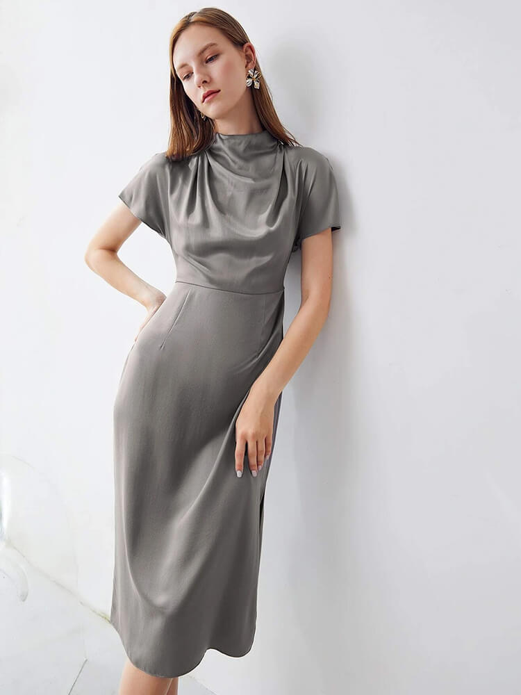 22 Momme Short Sleeve High Waist Mock Neck Silk Draped Dress