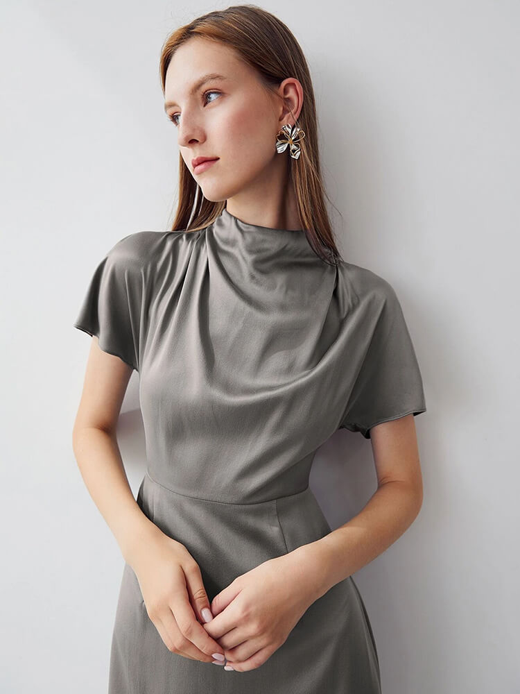 22 Momme Short Sleeve High Waist Mock Neck Silk Draped Dress