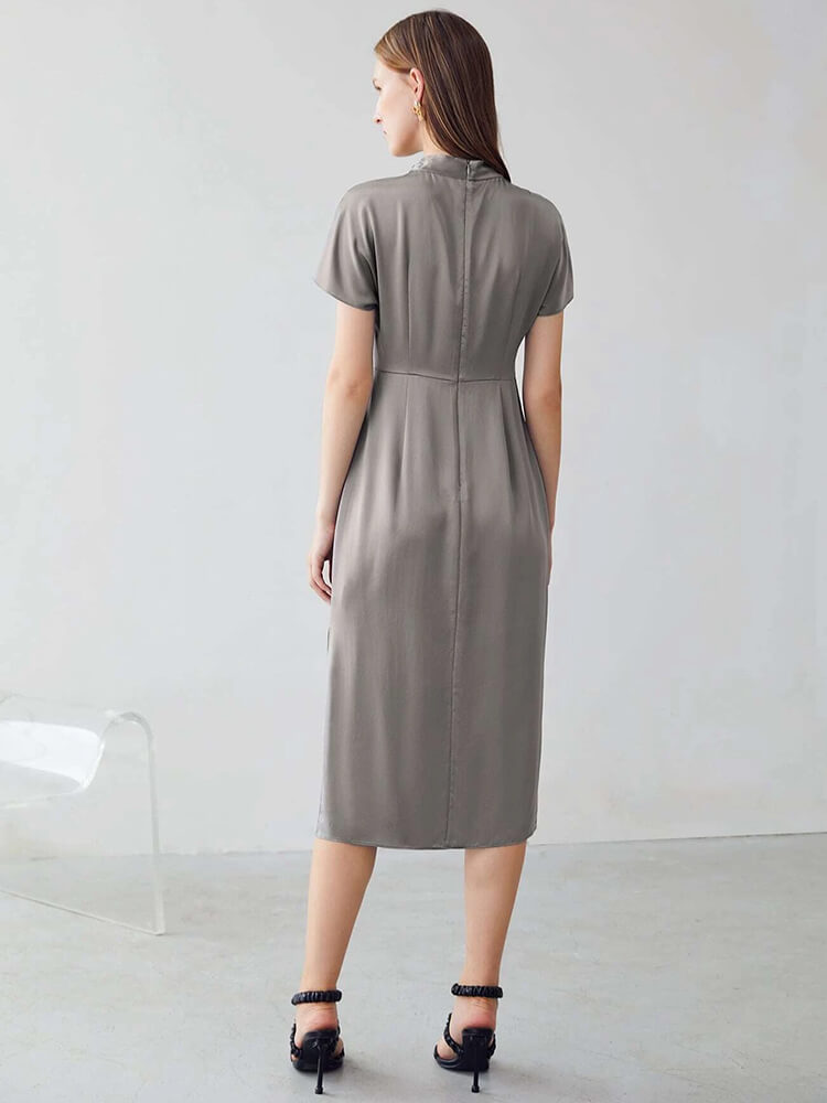 22 Momme Short Sleeve High Waist Mock Neck Silk Draped Dress