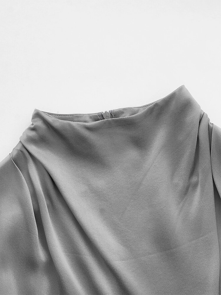 22 Momme Short Sleeve High Waist Mock Neck Silk Draped Dress