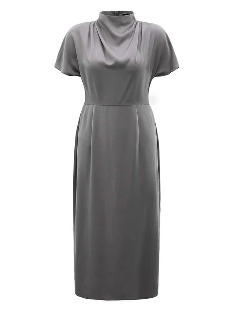 22 Momme Short Sleeve High Waist Mock Neck Silk Draped Dress