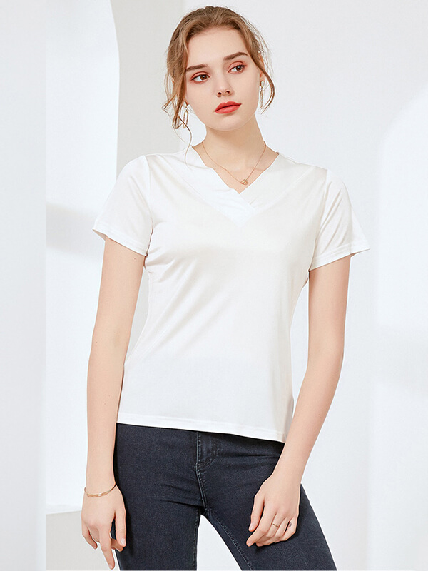 Loose V-neck Short-sleeved Women Silk Knitted T-Shirt