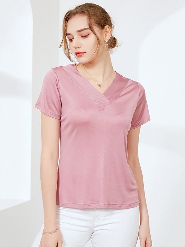 Loose V-neck Short-sleeved Women Silk Knitted T-Shirt