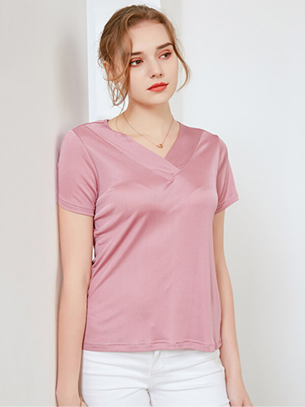 Loose V-neck Short-sleeved Women Silk Knitted T-Shirt