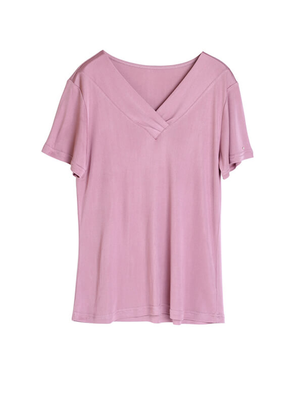 Loose V-neck Short-sleeved Women Silk Knitted T-Shirt