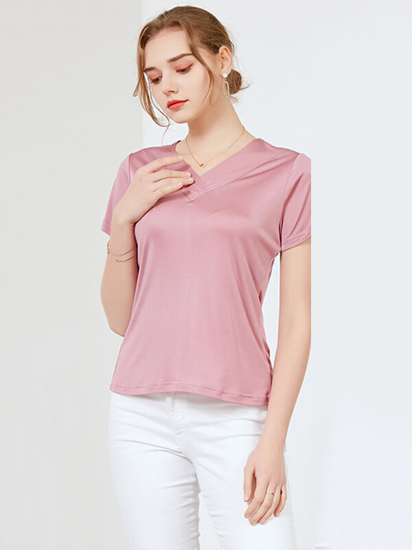 Loose V-neck Short-sleeved Women Silk Knitted T-Shirt