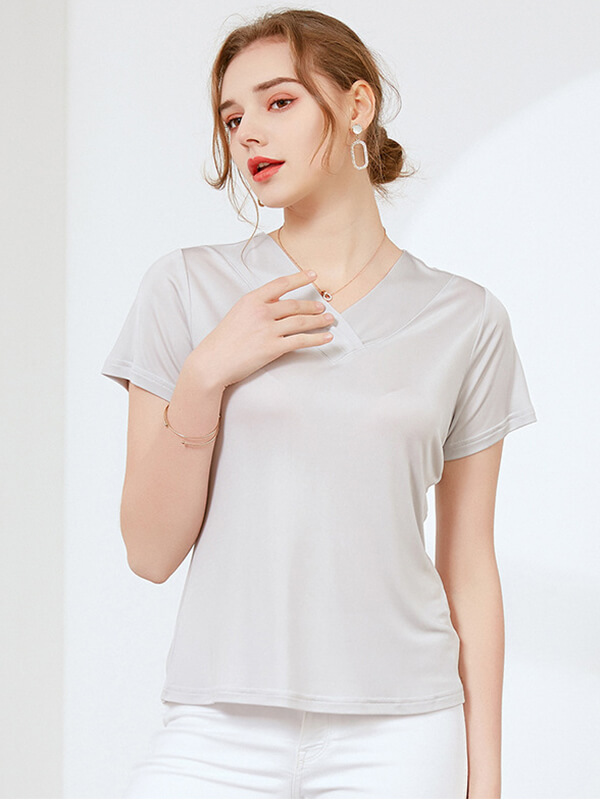 Loose V-neck Short-sleeved Women Silk Knitted T-Shirt