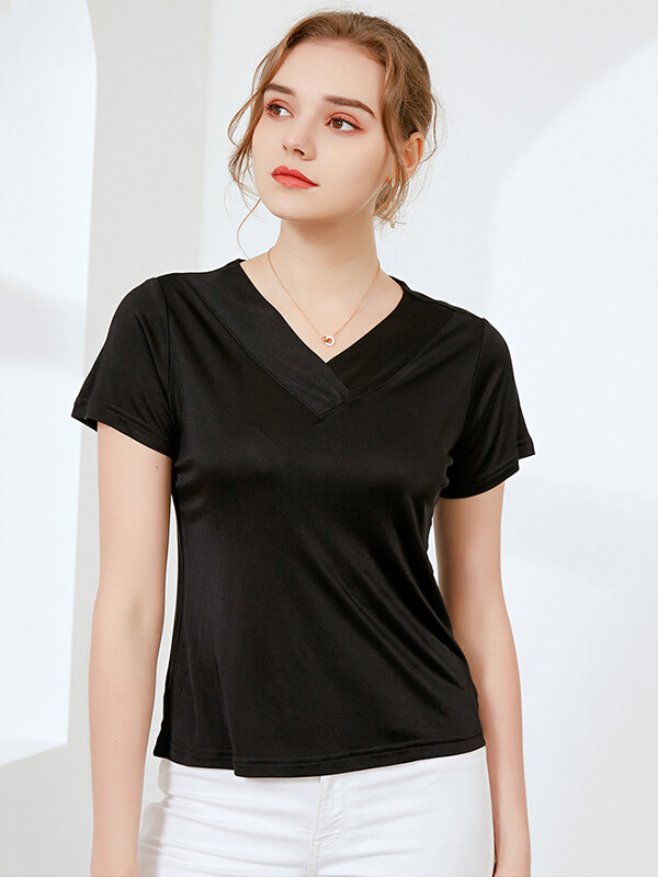 Loose V-neck Short-sleeved Women Silk Knitted T-Shirt