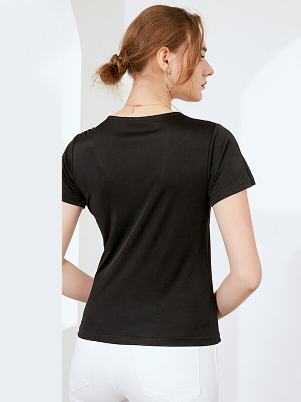 Loose V-neck Short-sleeved Women Silk Knitted T-Shirt