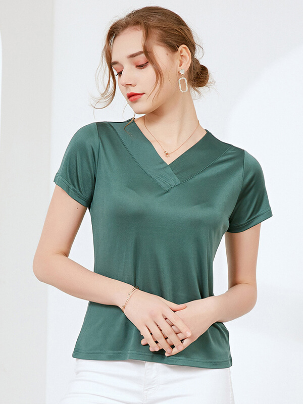 Loose V-neck Short-sleeved Women Silk Knitted T-Shirt