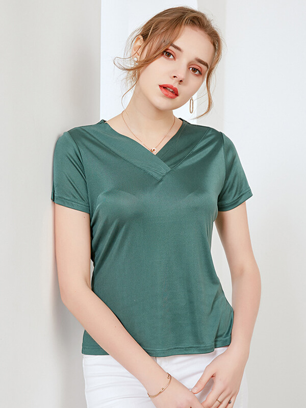 Loose V-neck Short-sleeved Women Silk Knitted T-Shirt