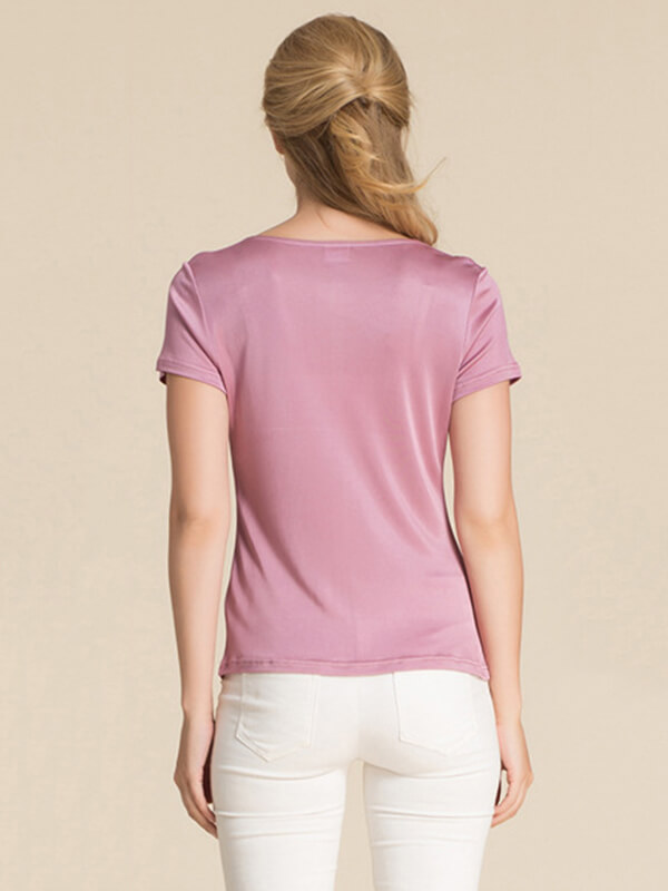 Womens Short-sleeved Cowl Neck Mulberry Silk Knitted Shirt